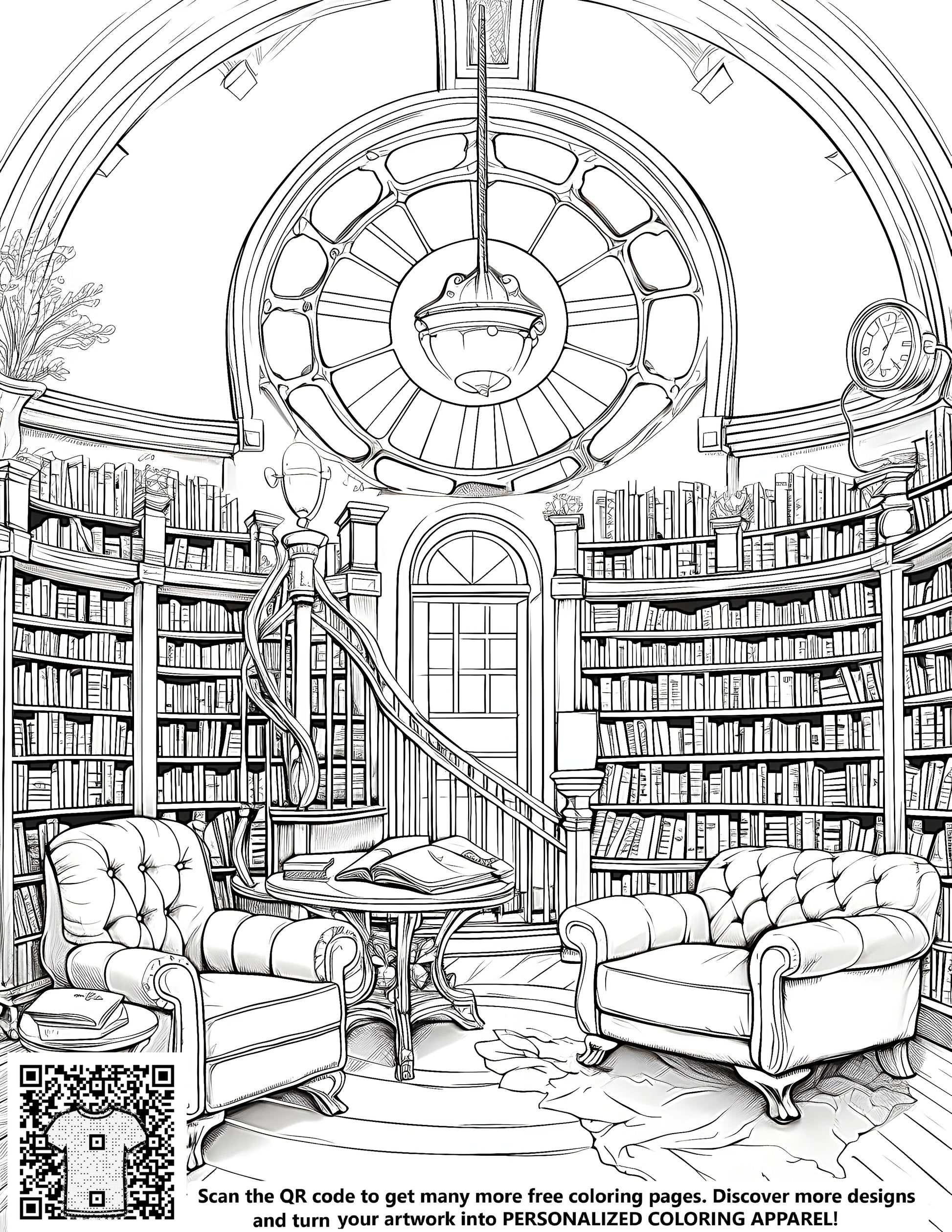 Free library coloring page for kids, detailed drawing of study room, bookshelves and chair, educational activity