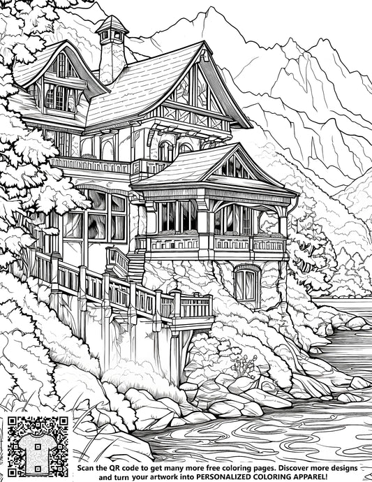 FREE Mountain House by River Coloring Page - Printable Download