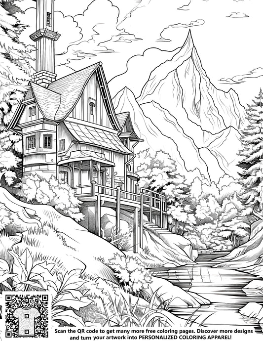 FREE Mountain Cabin Coloring Page - Printable Nature Scene Download