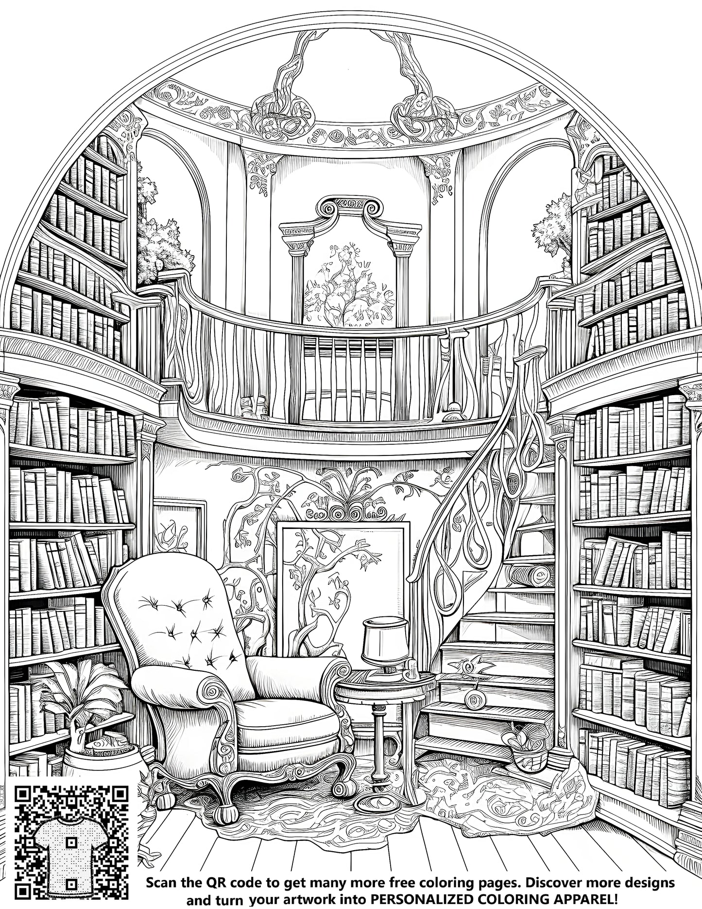Cozy study room, reading nook, or book lover's sanctuary - Free coloring page featuring intricate line art of a library setting with bookshelves and comfortable seating.