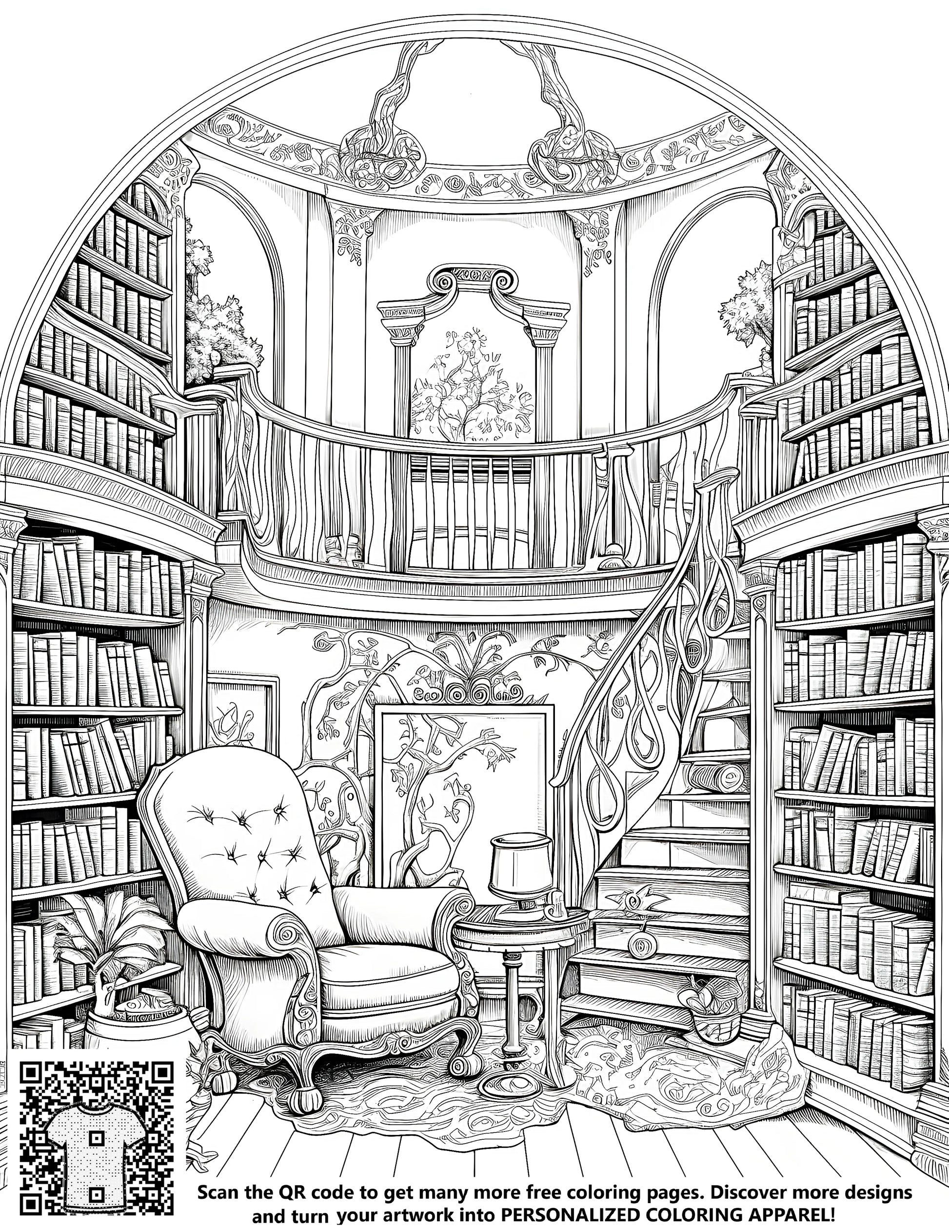 Cozy study room, reading nook, or book lover's sanctuary - Free coloring page featuring intricate line art of a library setting with bookshelves and comfortable seating.