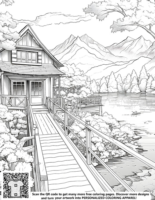 FREE Lakeside Cabin Coloring Page - Detailed Black and White Illustration - Download NOW