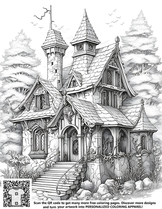 FREE Fantasy House Coloring Page - Printable Scenic Forest Background Download