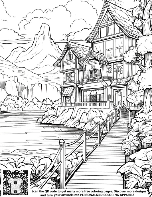 FREE Countryside House by Lake Coloring Page - Printable Download