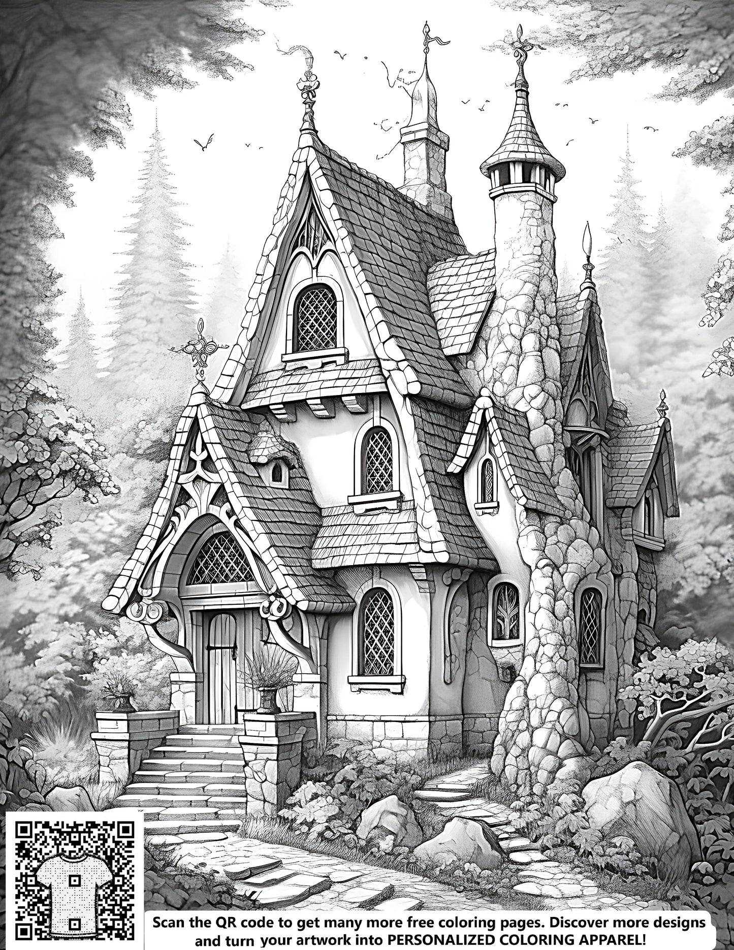 Coloring pages for kids of a whimsical fairy tale house, fantasy castle, storybook cottage in a magical forest