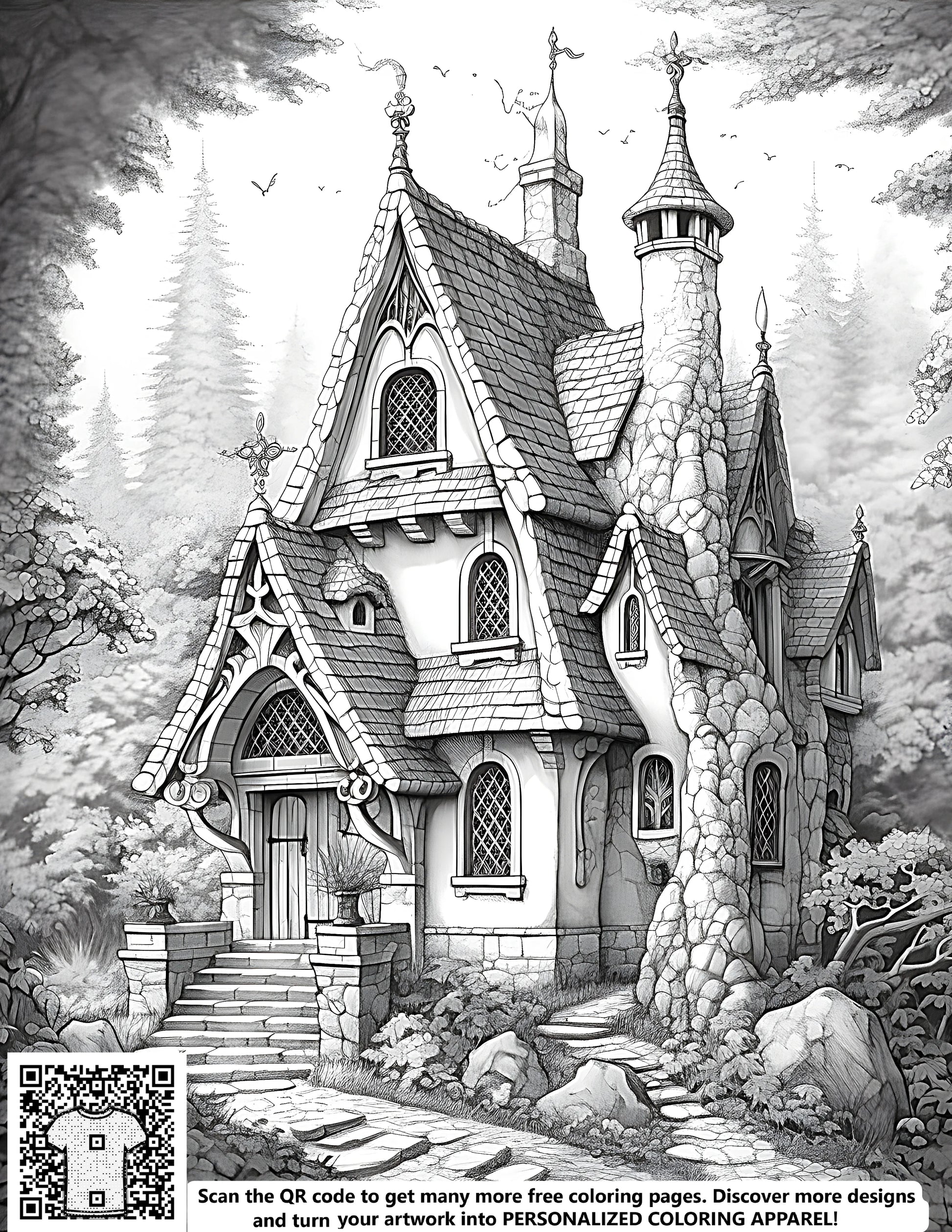 Coloring pages for kids of a whimsical fairy tale house, fantasy castle, storybook cottage in a magical forest