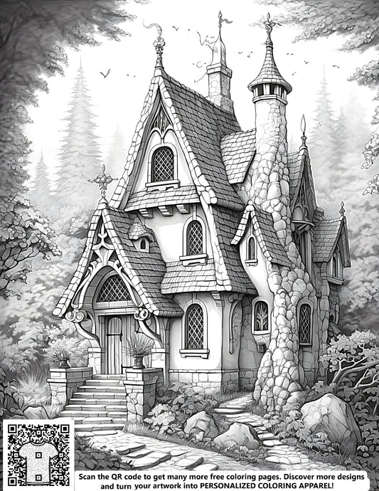 FREE Fairy Tale House Coloring Page - Detailed Forest Scene Download