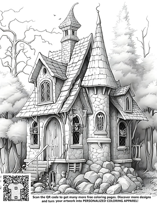 Whimsical cottage coloring page, stone cottage drawing, fantasy home illustration, free printable art