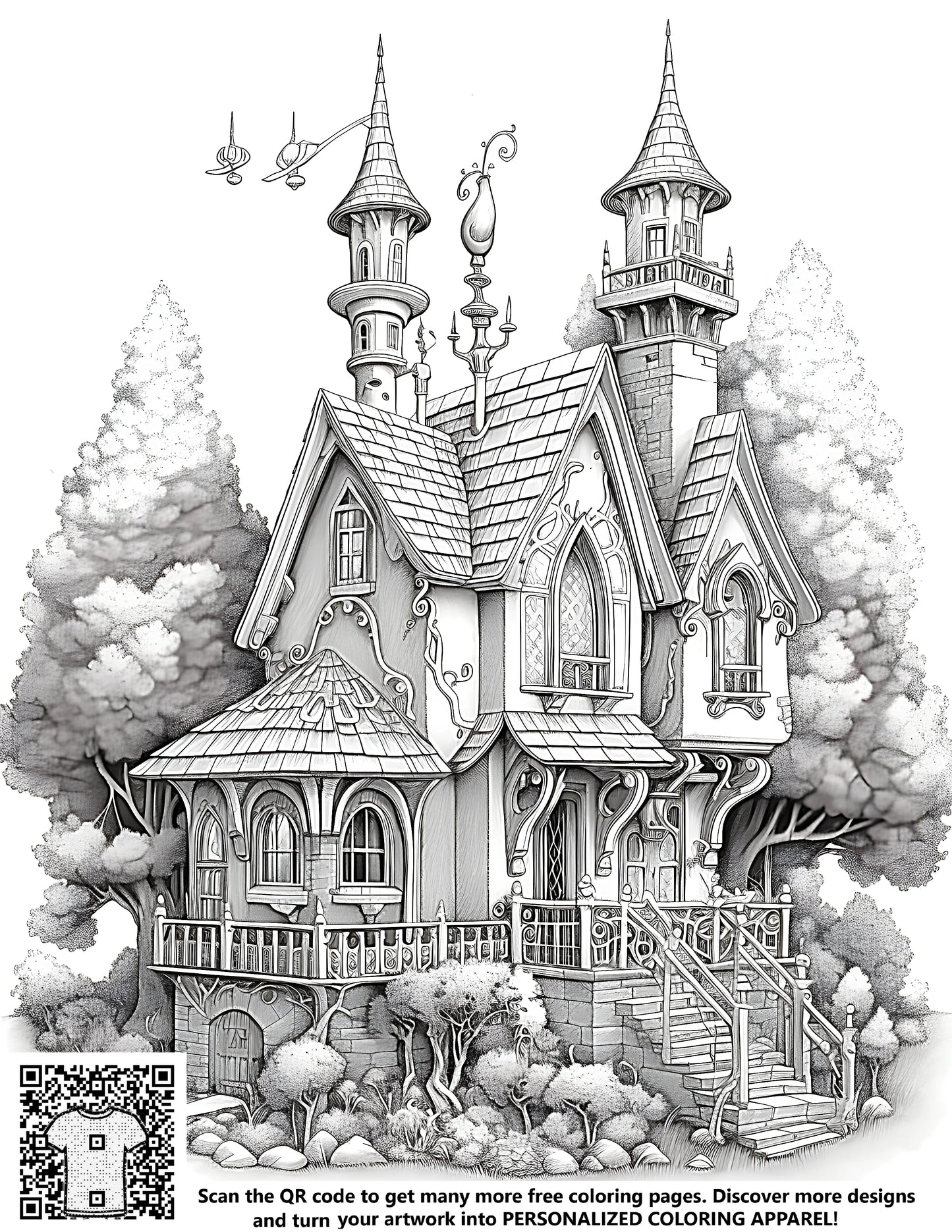 Detailed illustration of a whimsical fantasy house coloring page with turrets and ornate features, surrounded by trees. Includes a free coloring page kit with 10 fabric markers.