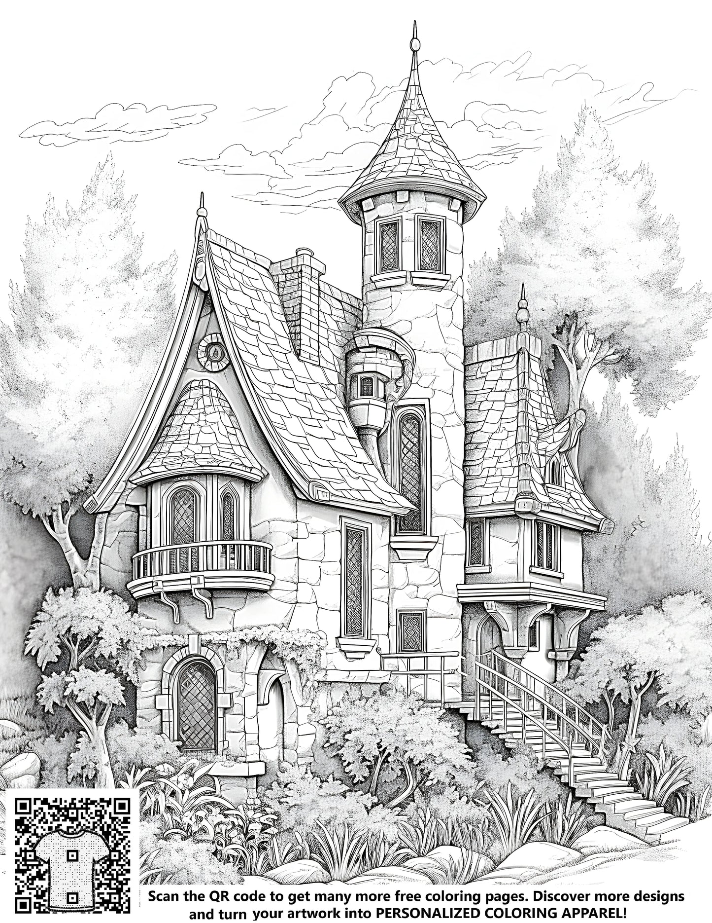 Coloring page of a medieval castle, a fairy tale mansion, and a magical house for kids and adults to color