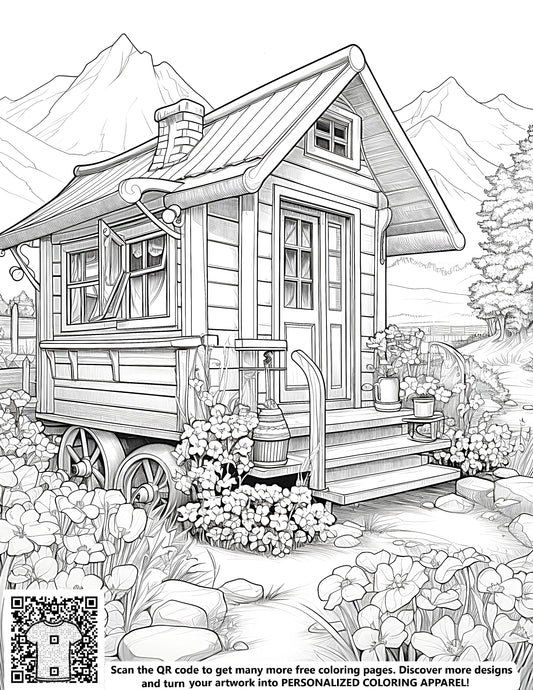 FREE Cozy Wooden Cottage Coloring Page - Printable Scenic Garden with Mountains Download