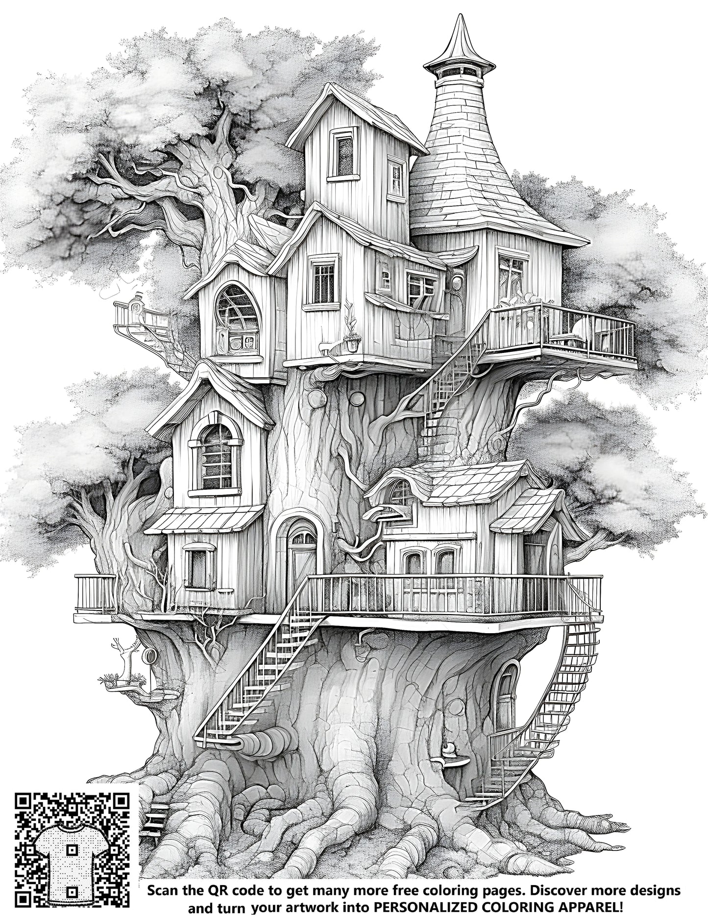 Whimsical fantasy treehouse illustration coloring page. Black-and-white detailed drawing of a castle-like treehouse with stairs and balconies.