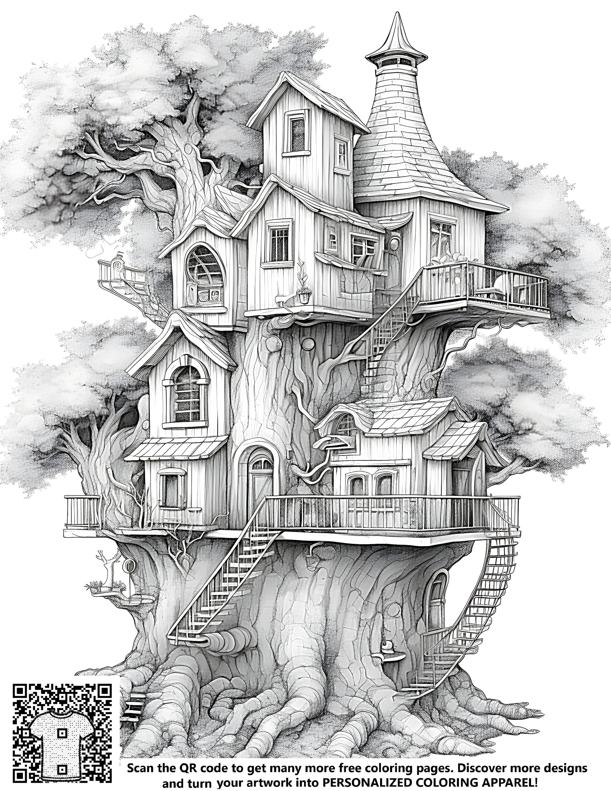 Whimsical fantasy treehouse illustration coloring page. Black-and-white detailed drawing of a castle-like treehouse with stairs and balconies.