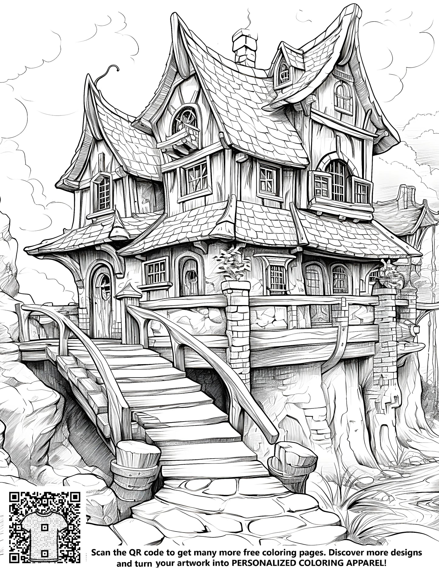 Fantasy mansion coloring page, fairytale house art print
