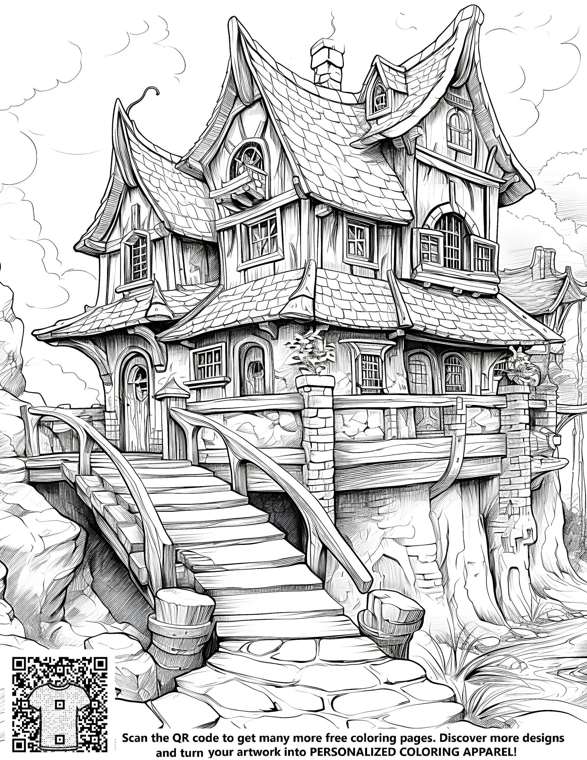 Fantasy mansion coloring page, fairytale house art print