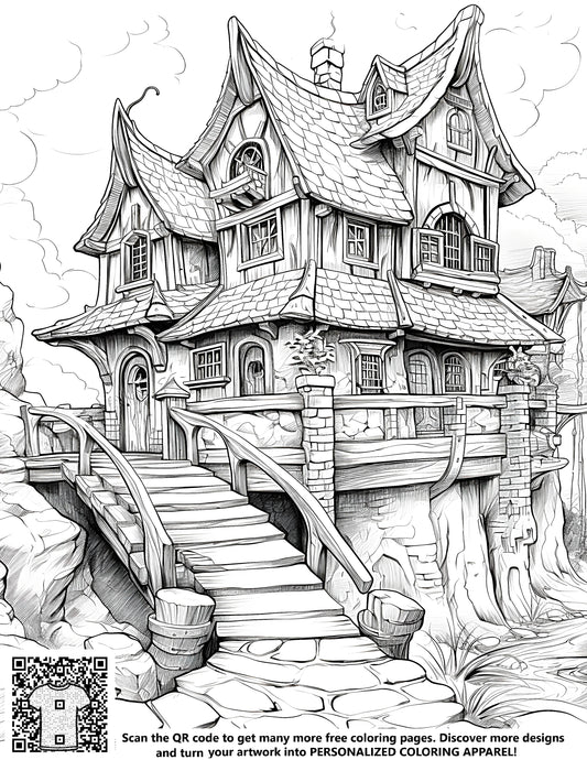 FREE Fantasy House Coloring Page with Bridge and Rocky Terrain - Download NOW