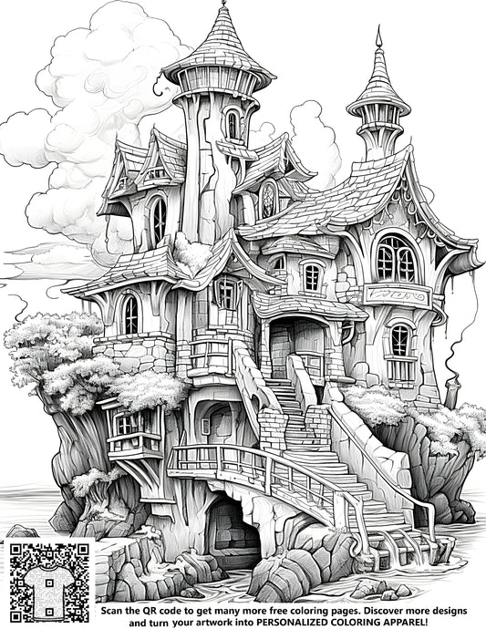 FREE Fantasy Castle Coloring Page - Detailed Black and White Sketch - Printable Download