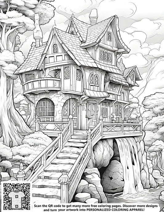 FREE Fairy Tale House Coloring Page - Detailed Black and White Illustration with Waterfall and Trees - Download NOW