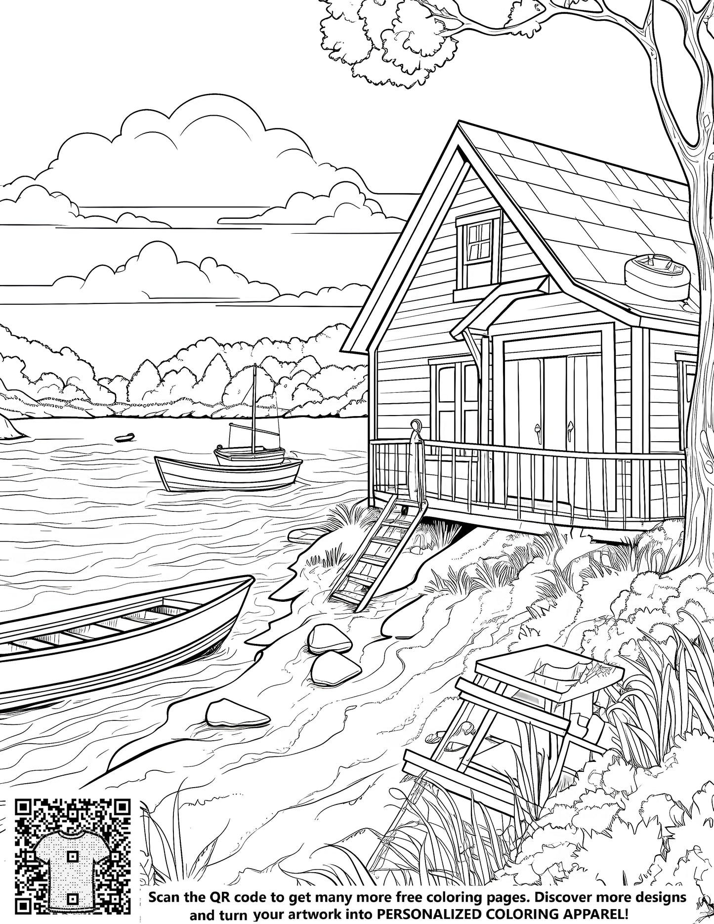 Lake house coloring page, lake scene artwork, watercolor painting, boat dock illustration, tree surrounded scenery