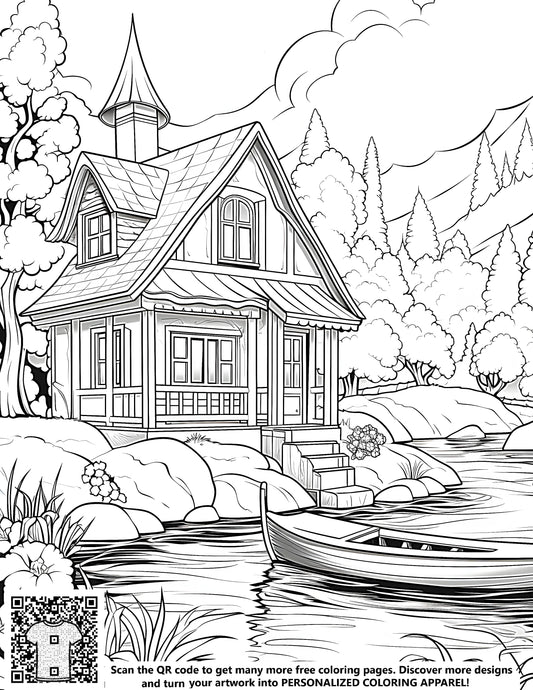 FREE Cottage by the Lake Coloring Page Download NOW