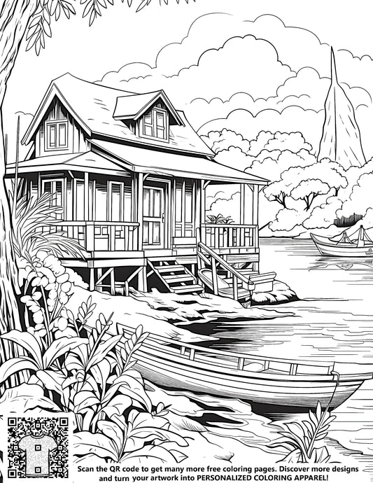 FREE Lakeside Cottage Coloring Page - Printable Nature Scene with Boat Download