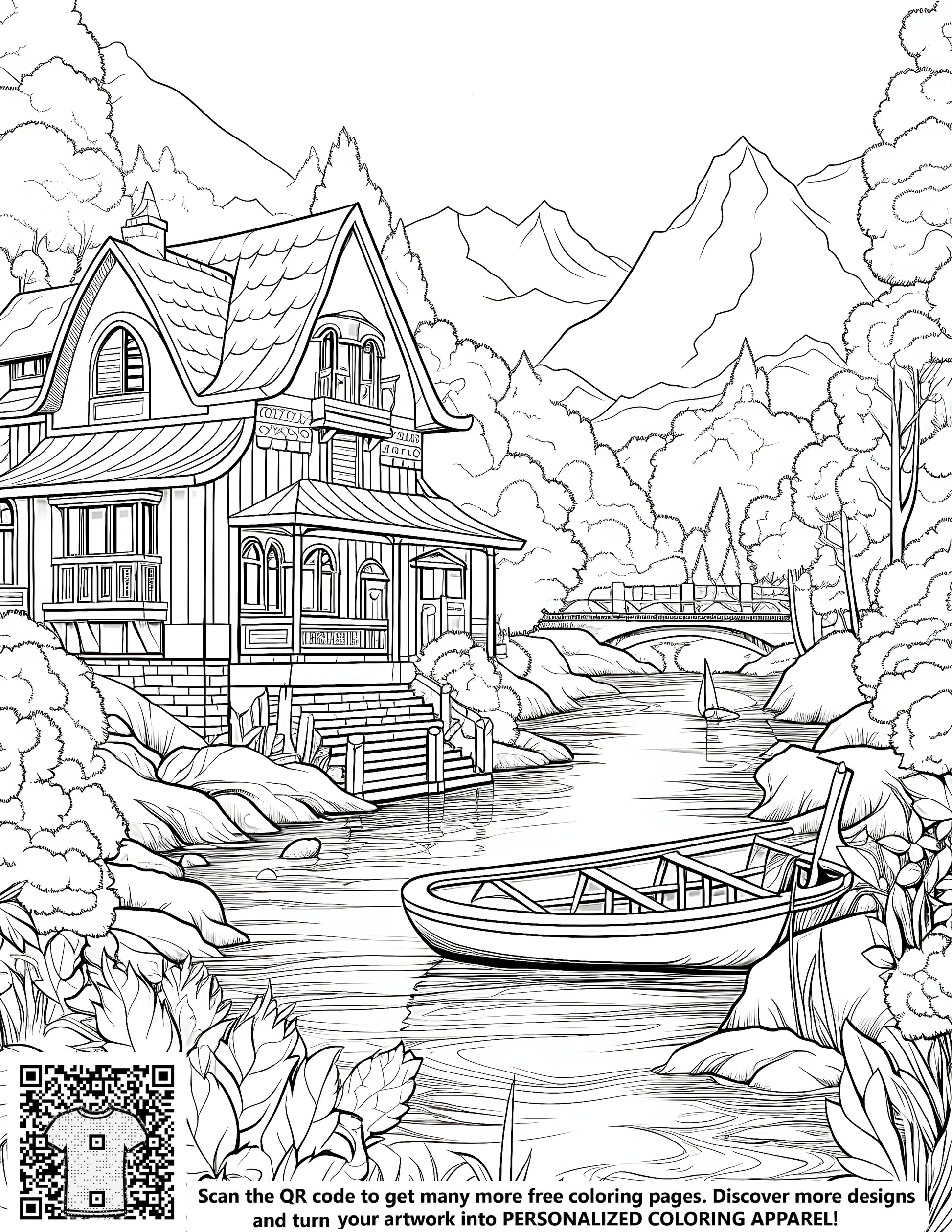 Countryside house by river coloring page with boat and nature scene - free printable art for kids