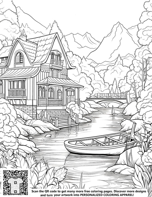 FREE Countryside House by River Coloring Page - Download NOW