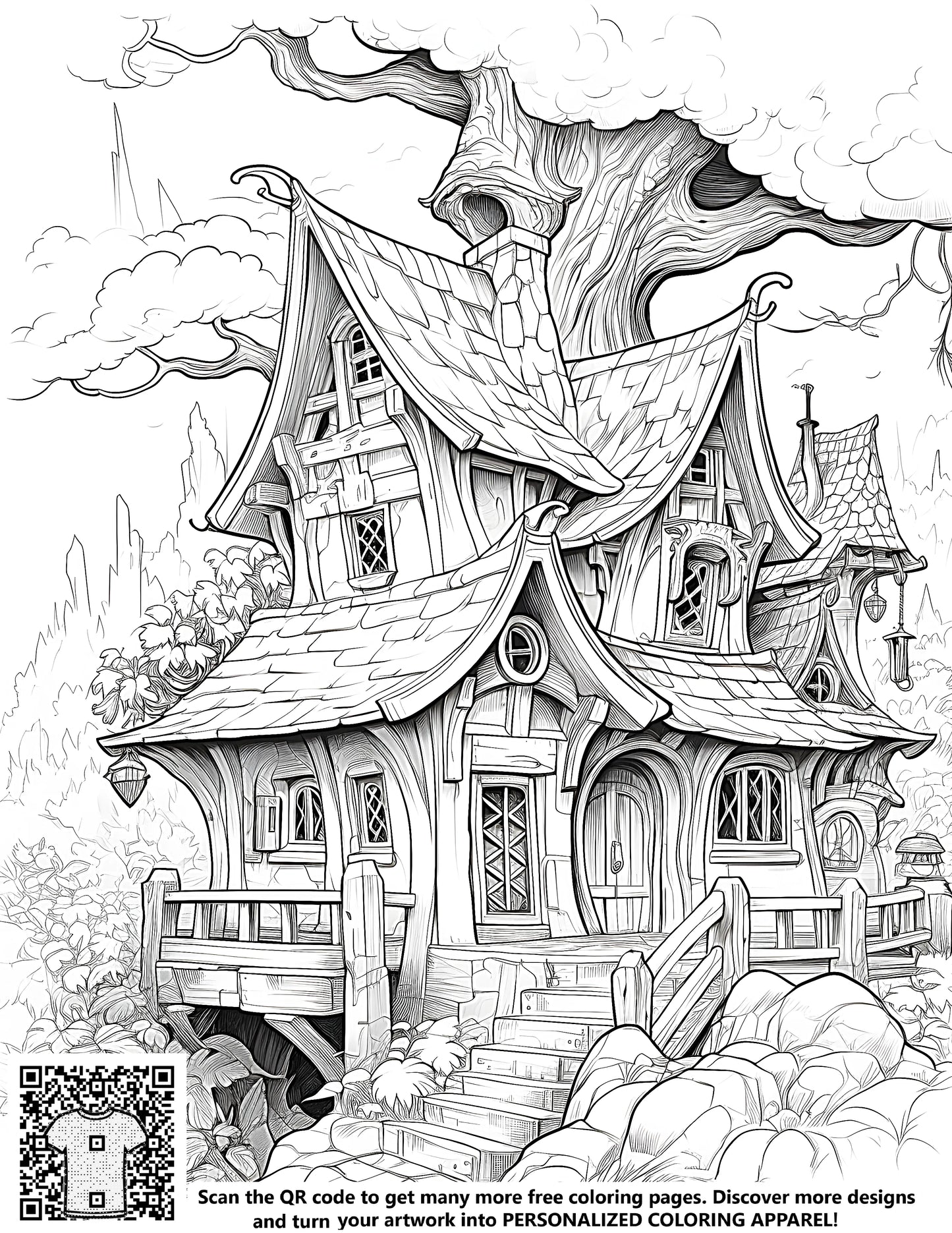 A free coloring page featuring an enchanting treehouse illustration with intricate details, perfect for coloring enthusiasts and fans of whimsical architecture