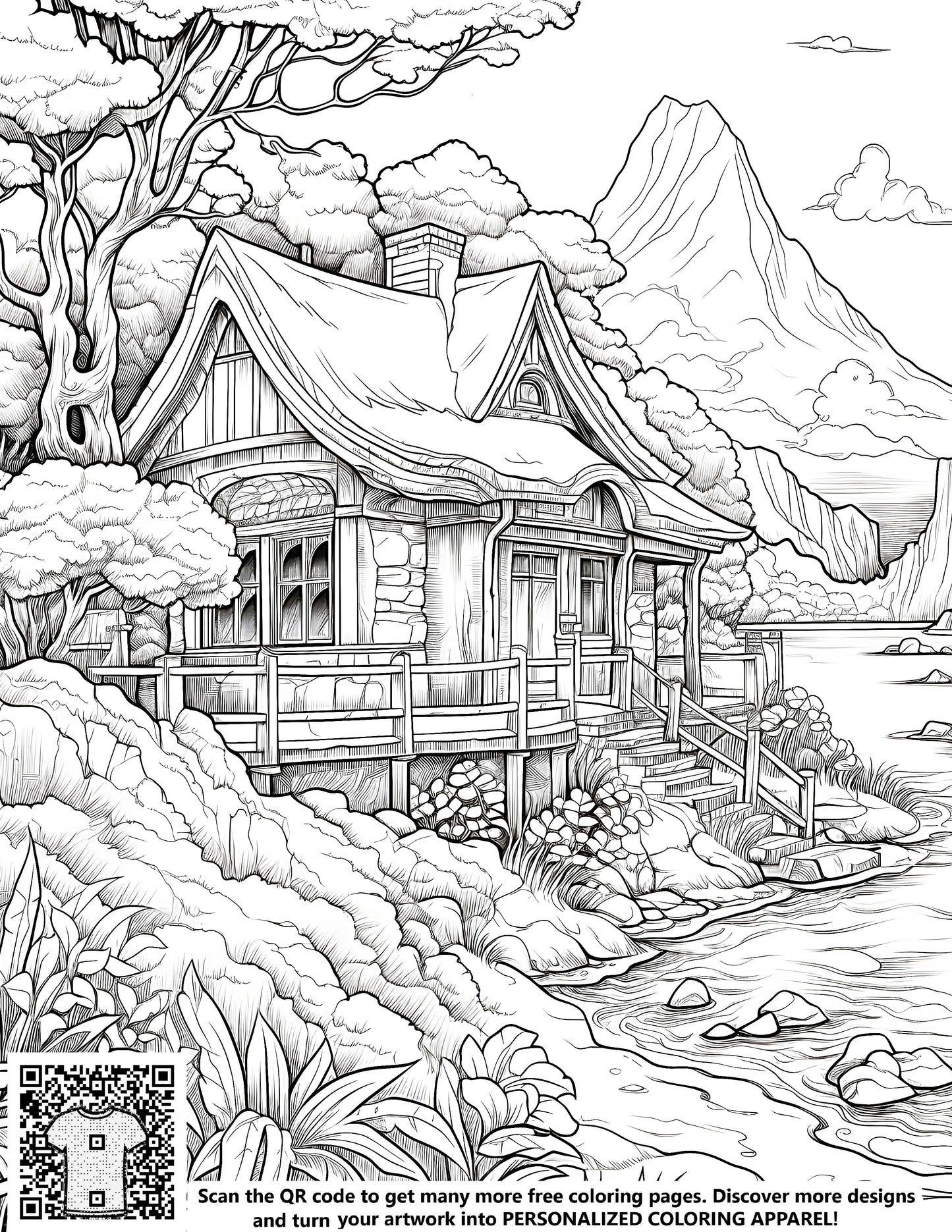 Detailed black and white cabin illustration by river, surrounded by trees and mountains