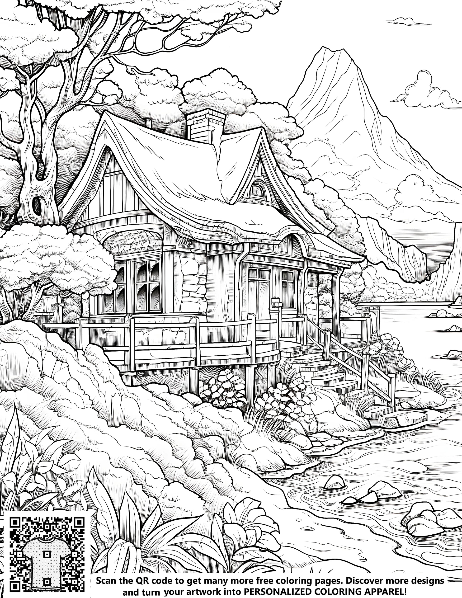 Detailed black and white cabin illustration by river, surrounded by trees and mountains