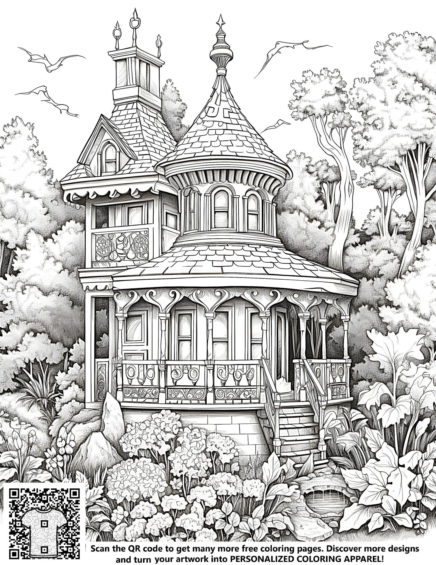 Intricate black and white drawing of a Queen Anne style house surrounded by foliage, birds flying high above, free coloring page art