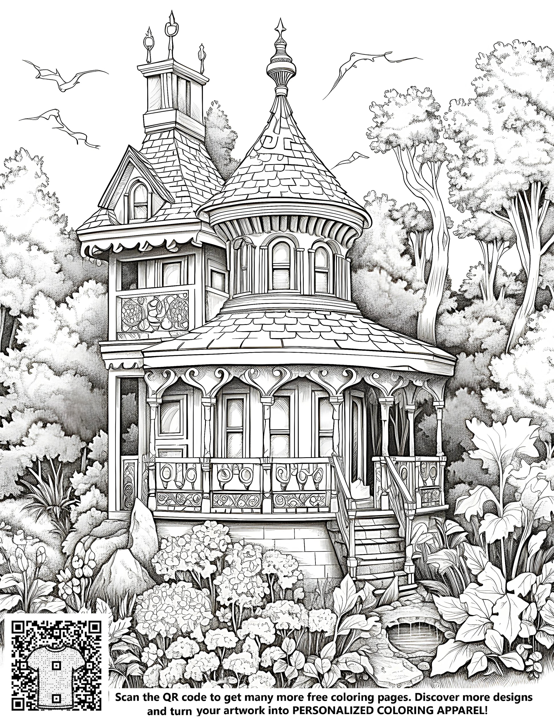 Intricate black and white drawing of a Queen Anne style house surrounded by foliage, birds flying high above, free coloring page art