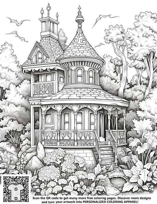 Intricate black and white drawing of a Queen Anne style house surrounded by foliage, birds flying high above, free coloring page art