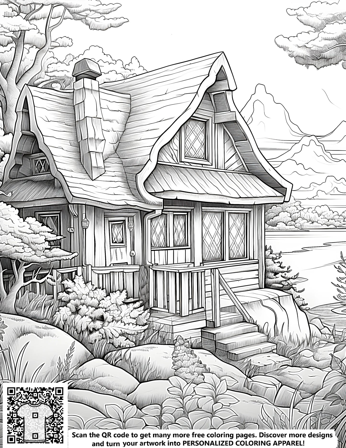 FREE Cozy Cottage Coloring Page - Printable Mountainous Landscape Download