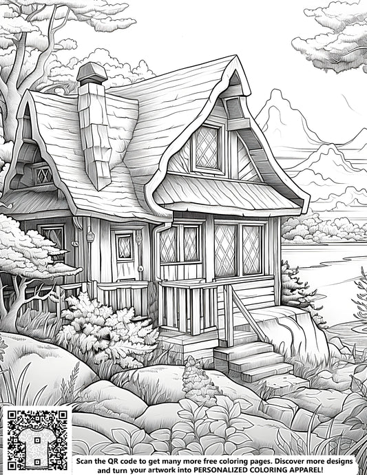 FREE Cozy Cottage Coloring Page - Printable Mountainous Landscape Download