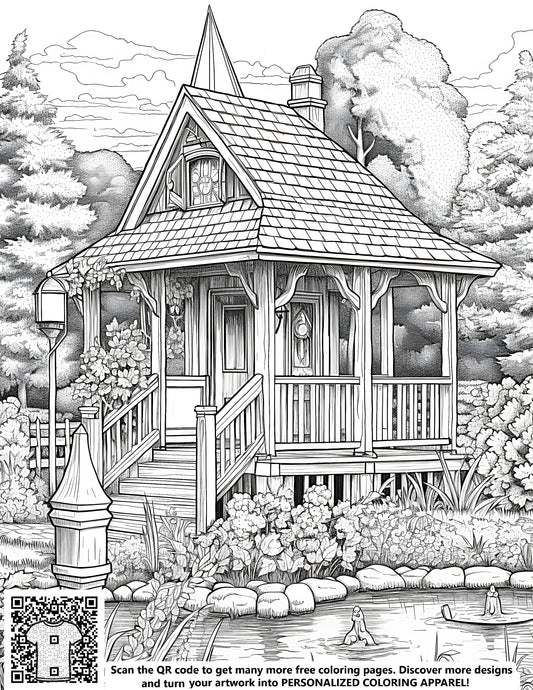 FREE Cottage with Pond Coloring Page - Printable Download