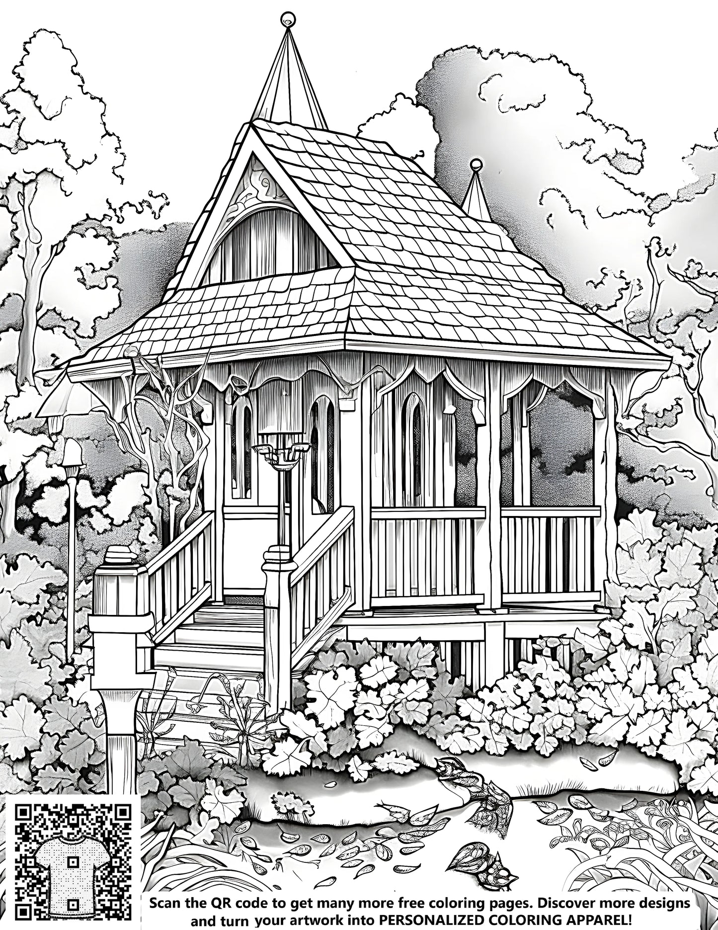 Detailed illustration of a charming cottage home, quaint little house, or homestead surrounded by trees and lush bushes, perfect for adult coloring pages and relaxation.