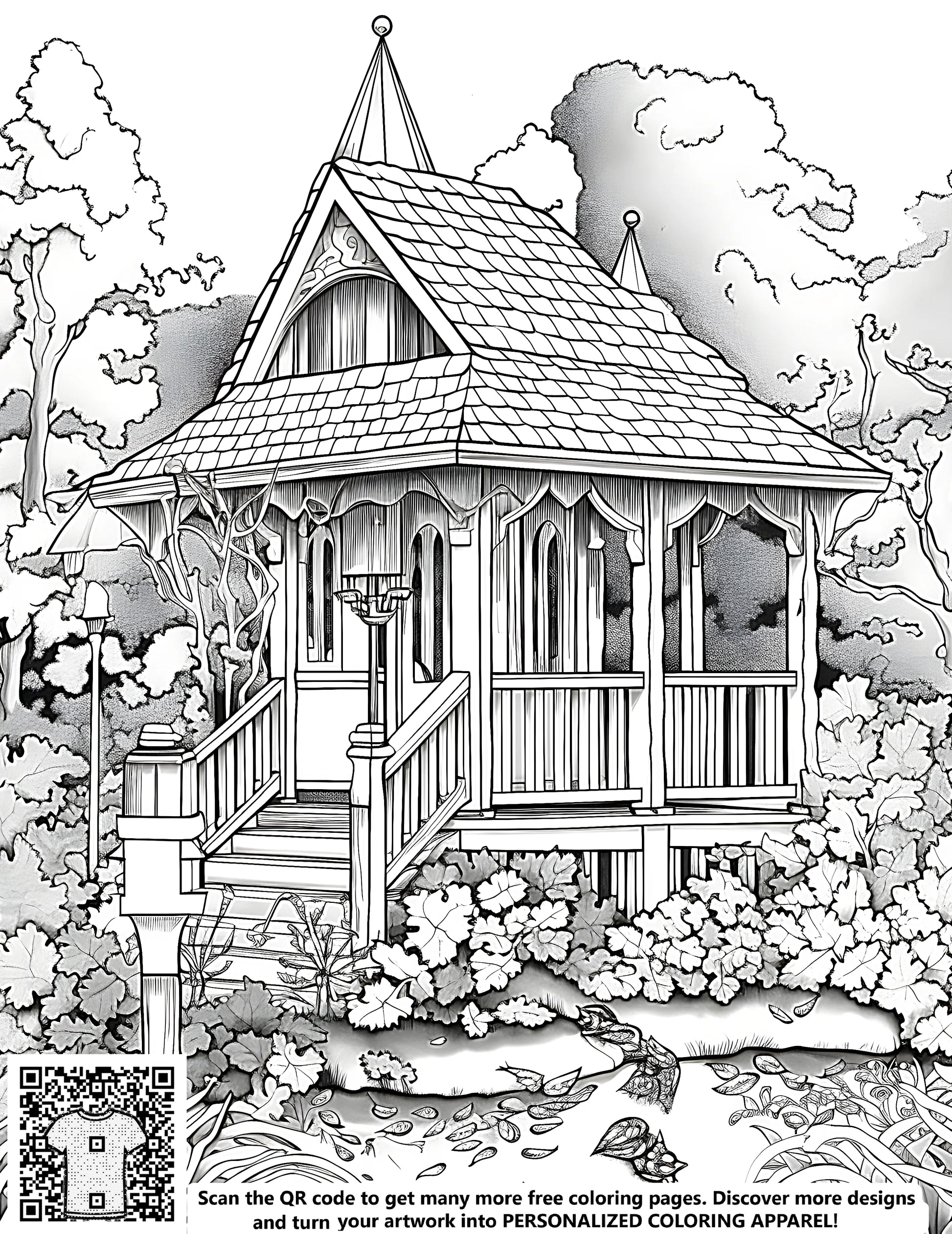 Detailed illustration of a charming cottage home, quaint little house, or homestead surrounded by trees and lush bushes, perfect for adult coloring pages and relaxation.