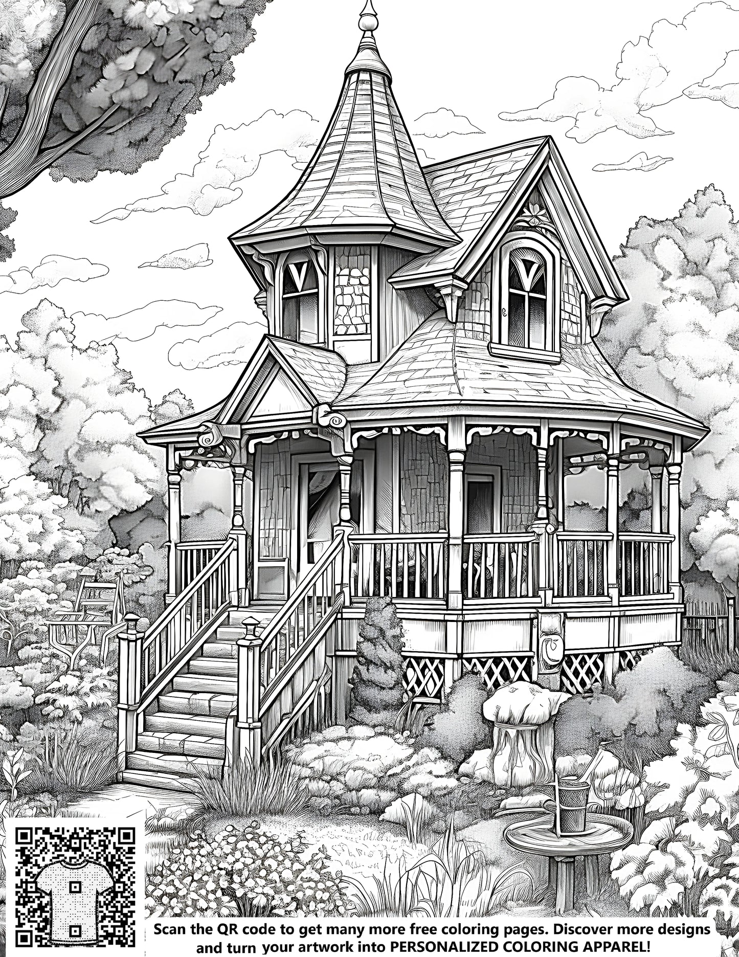 Colouring page of an antique mansion with intricate details, featuring a charming porch and lush surroundings