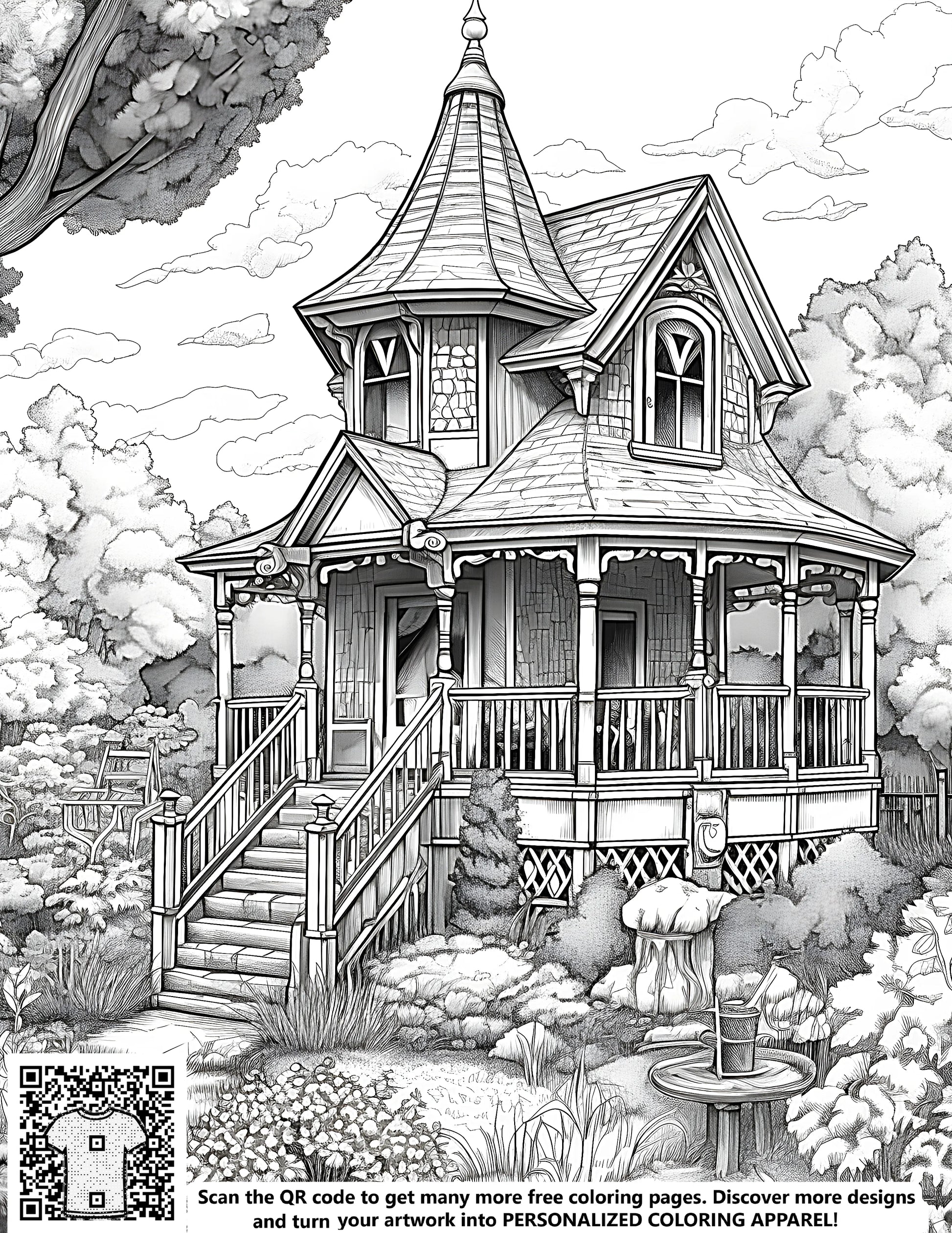Colouring page of an antique mansion with intricate details, featuring a charming porch and lush surroundings