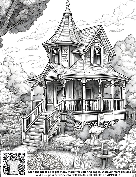 Colouring page of an antique mansion with intricate details, featuring a charming porch and lush surroundings