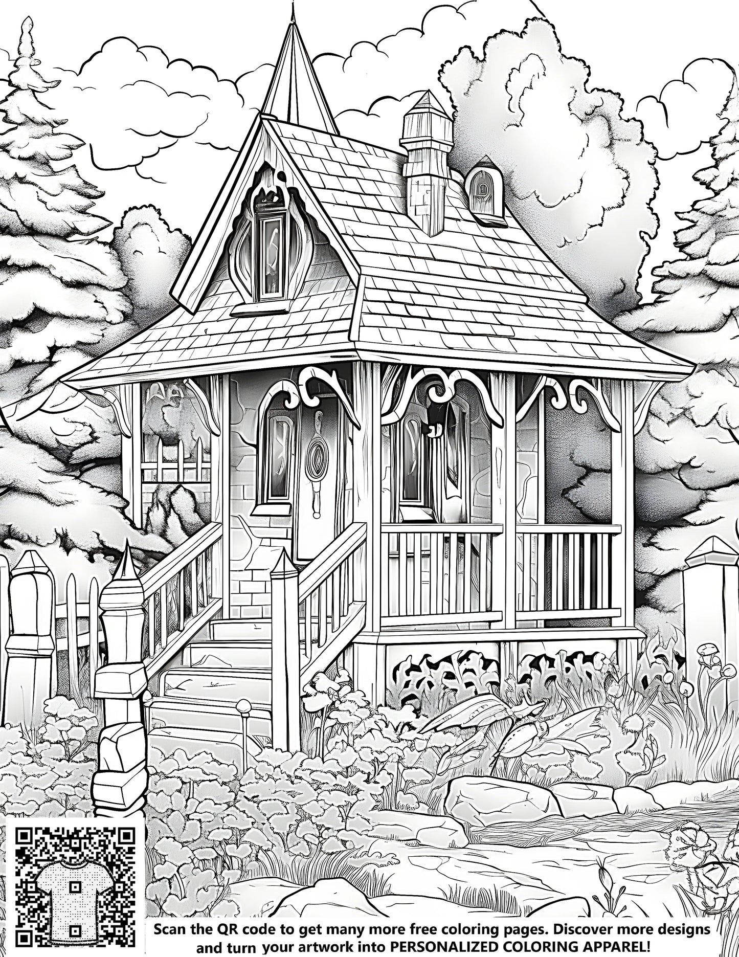 FREE Forest Cottage Coloring Page - Detailed Garden, Trees & Pathway - Printable Download