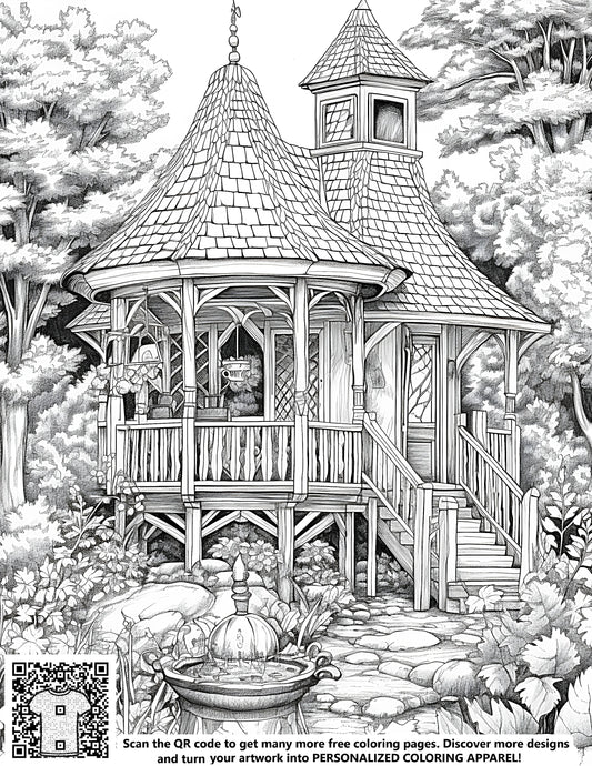 FREE Cottage Coloring Page Download NOW - Detailed Wooden Cottage with Trees and Fountain