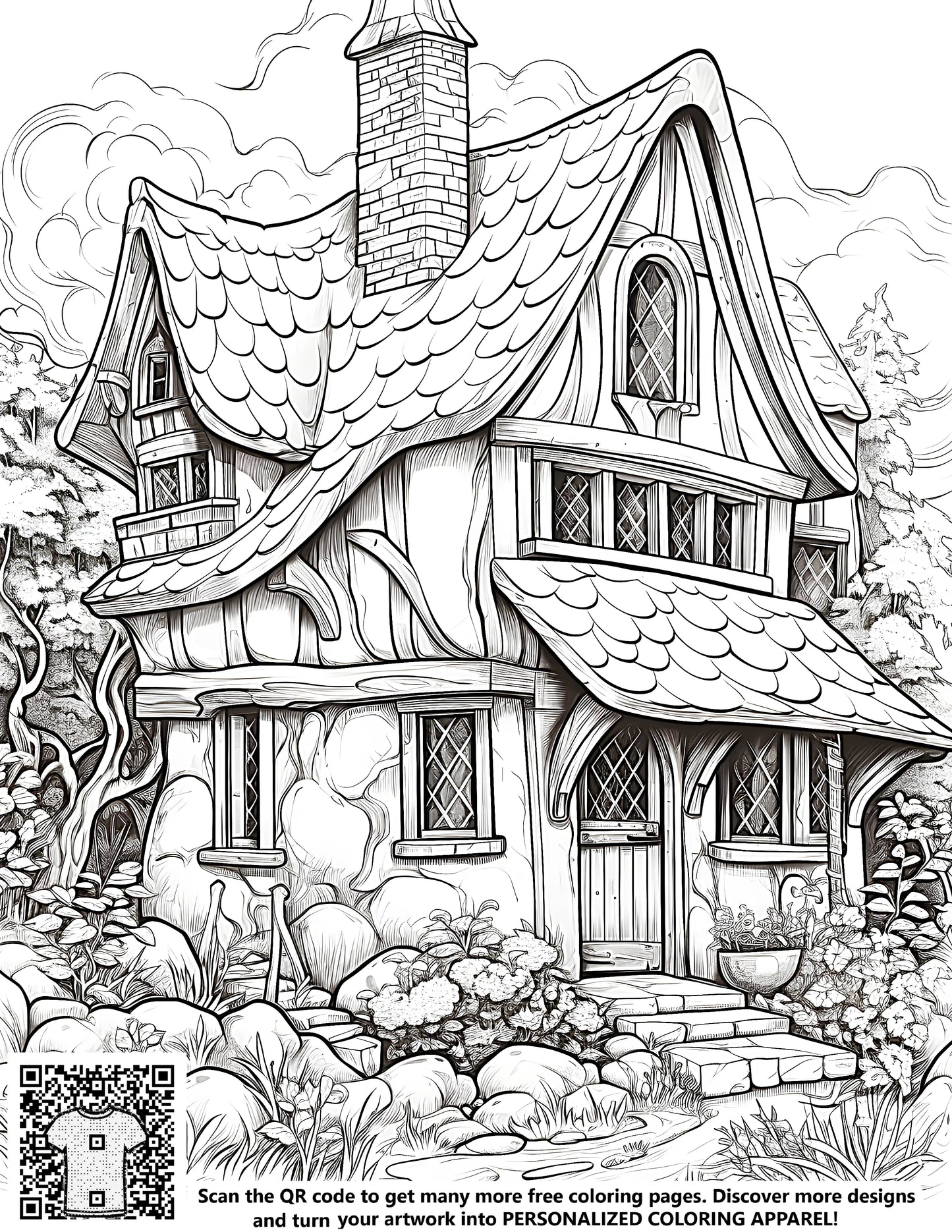 FREE Cottage Coloring Page - Printable Black and White Drawing of Picturesque Cottage