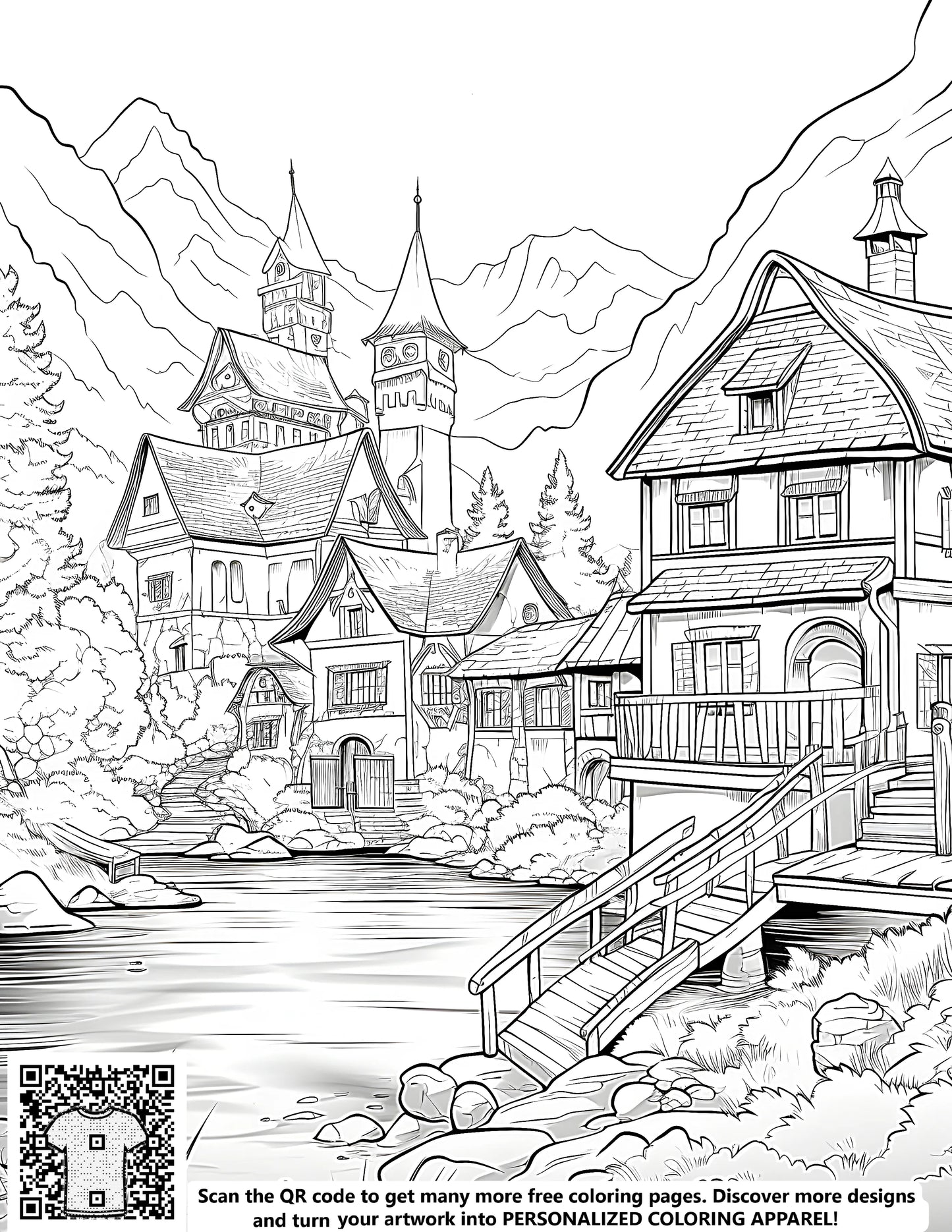 Mountain village landscape illustration art, detailed drawing of homes, cathedral, bridge over pond, serene countryside scenery