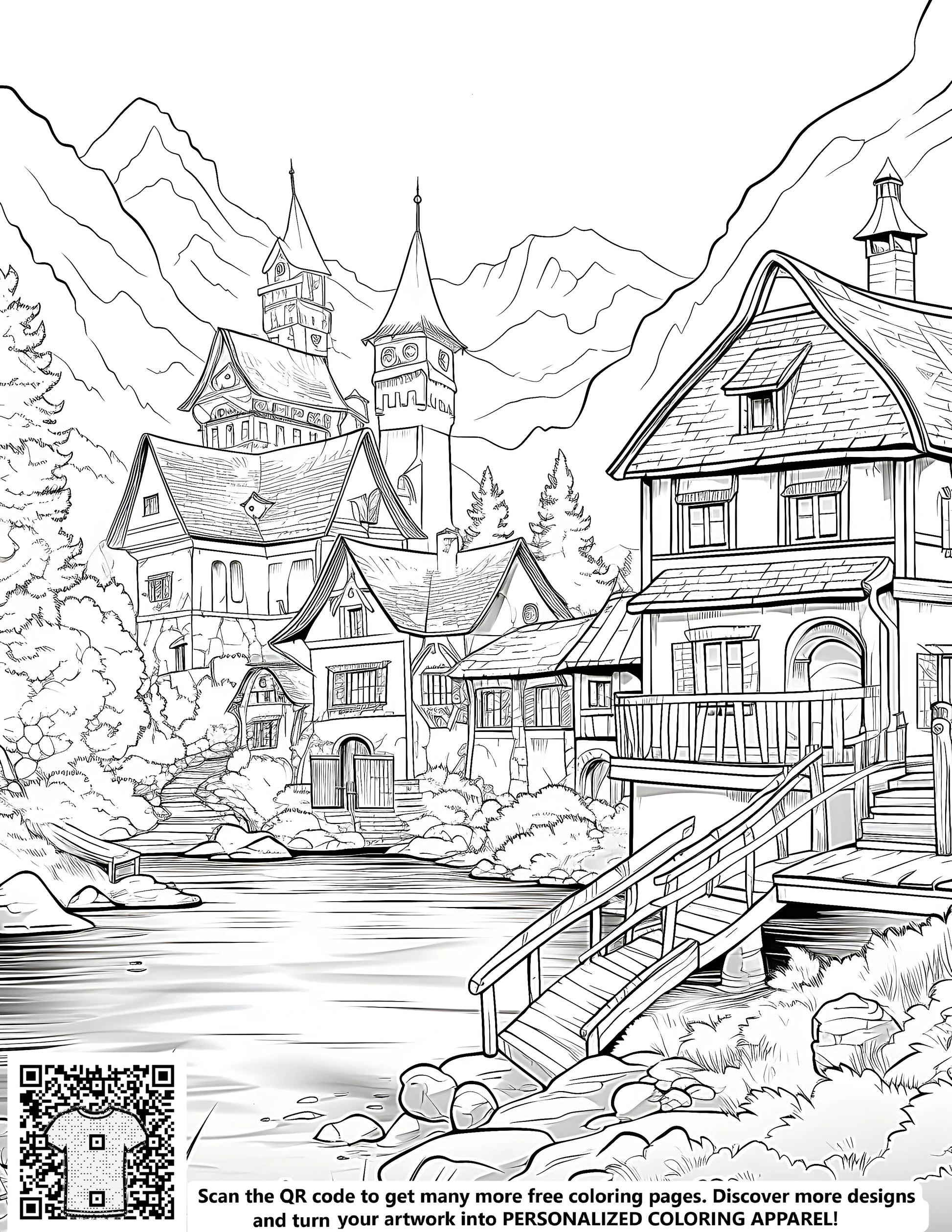 Mountain village landscape illustration art, detailed drawing of homes, cathedral, bridge over pond, serene countryside scenery
