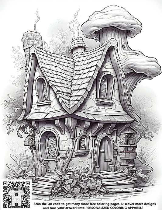 FREE Fairy Cottage Coloring Page - Whimsical Mushroom Roof Printable