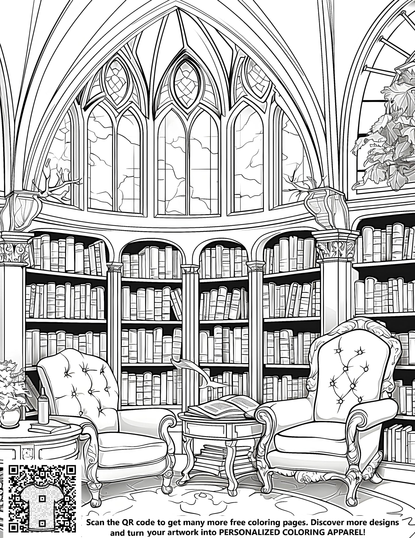 A vintage library study scene with free coloring pages for adults and kids featuring an old reading room setting with comfortable armchairs, wooden tables, and stained glass windows
