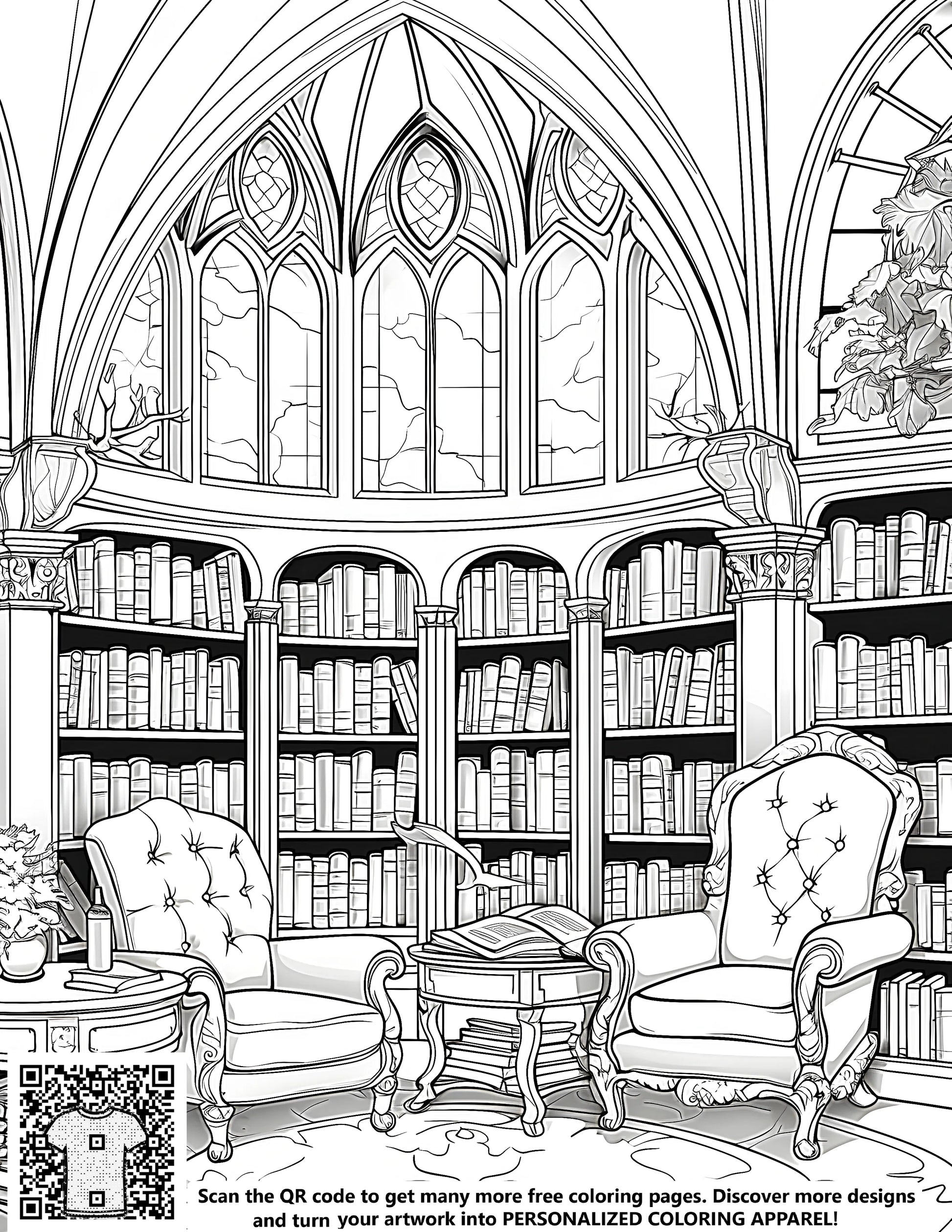 A vintage library study scene with free coloring pages for adults and kids featuring an old reading room setting with comfortable armchairs, wooden tables, and stained glass windows