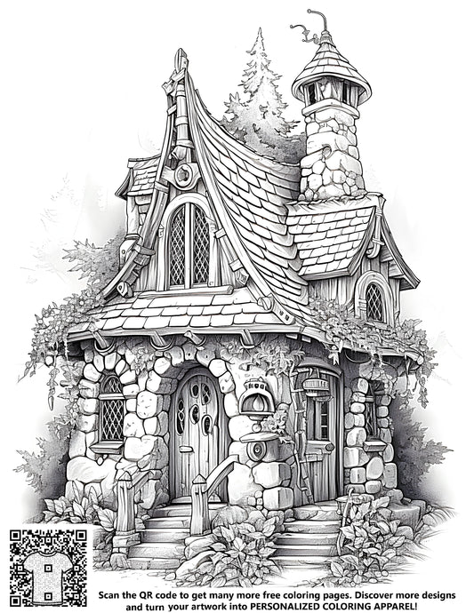 FREE Fairy Tale Cottage Coloring Page - Printable Black and White Sketch with Chimneys and Ivy